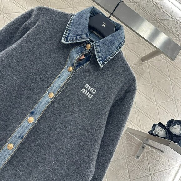 Miu Miu ♥ 2025 New Denim Patchwork Collared Knit Cardigan - Picture 4 of 8